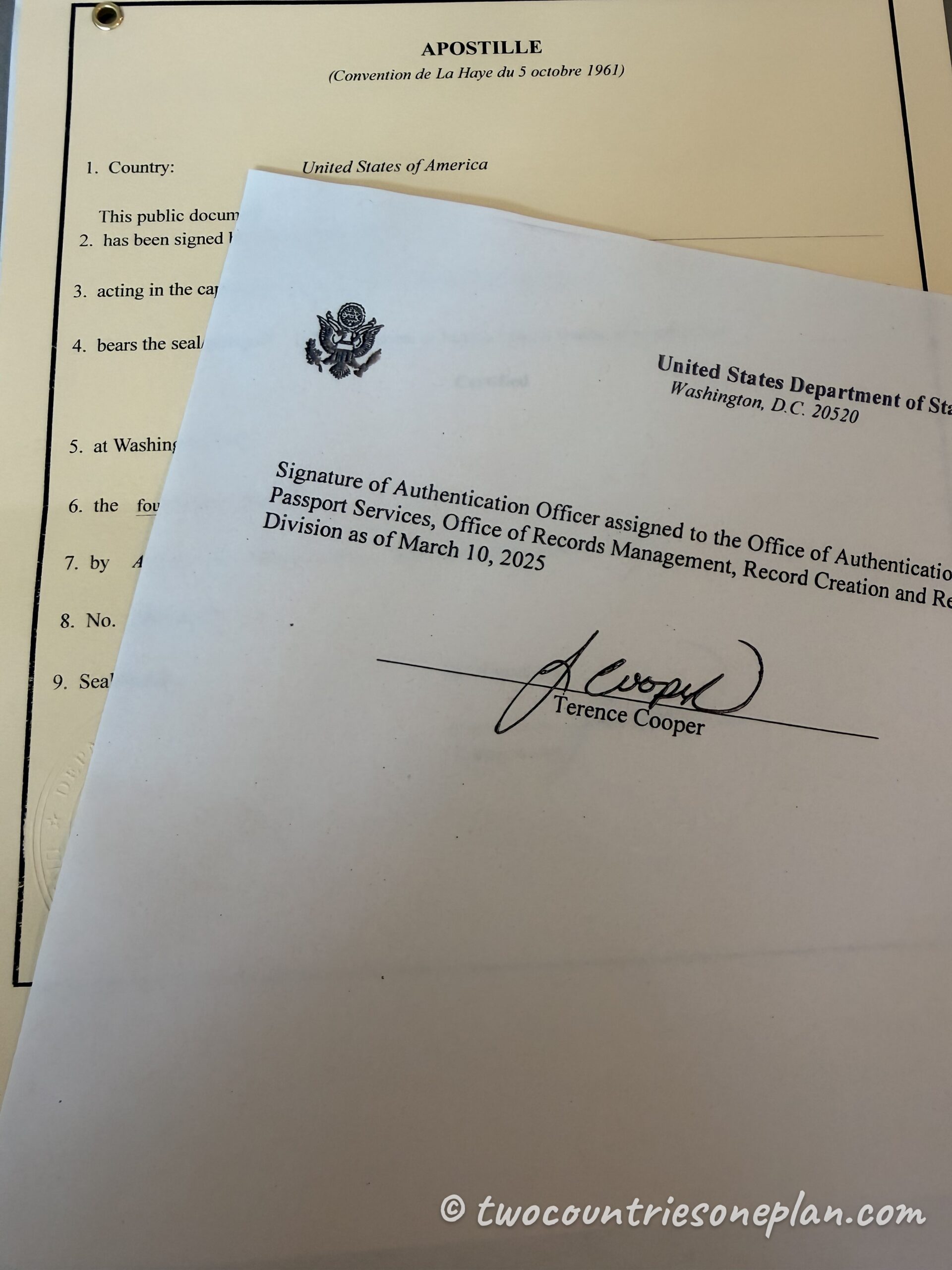 Our federal apostille issued by the US Department of State, stapled to the underlying document